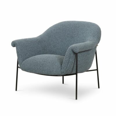 Mid-century style boucle chair with black iron base, available in sky blue or sand.