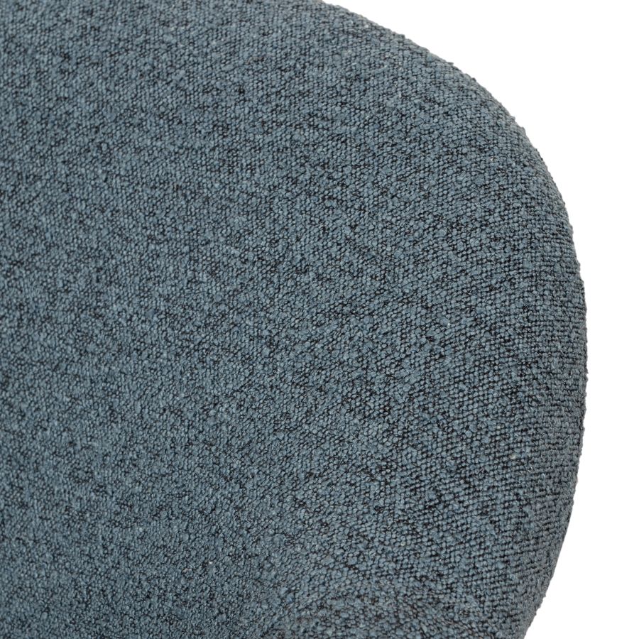 Kent Mid-Century Style Boucle Chair, blue fabric upholstered chair with black iron base against white background.