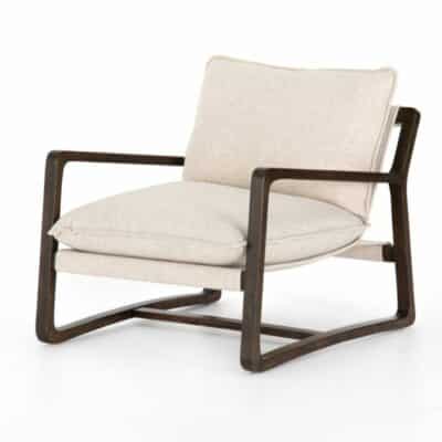 Front view of Sling Chair in Cream Performance Grade Upholstery with Burnt Parawood Frame.
