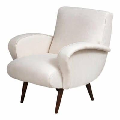 Mid-century style club chair in porcelain color polyester performance fabric, with espresso finish on legs.