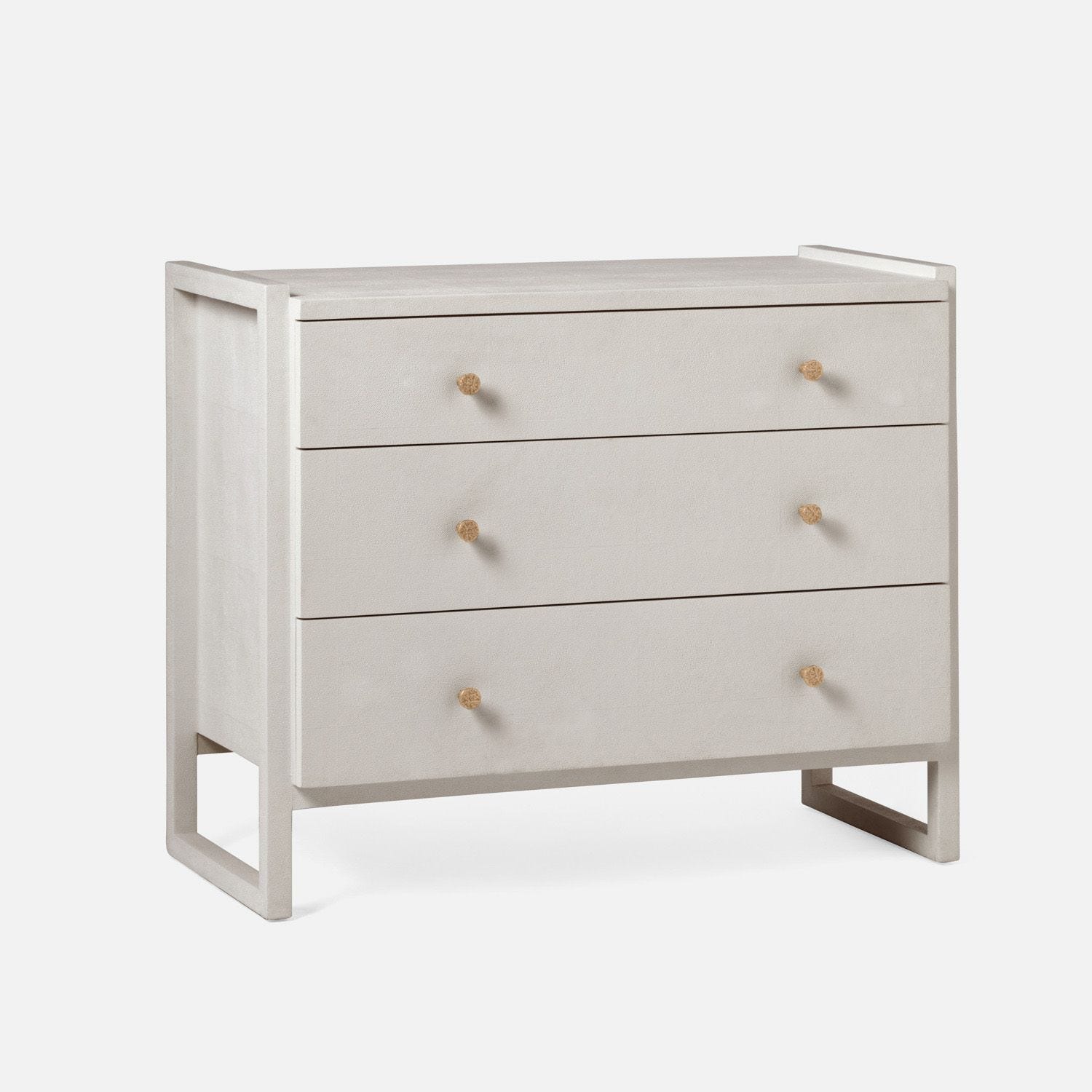 Small, modern 36" tall white dresser with brass handles, available in gray or pristine white finish.