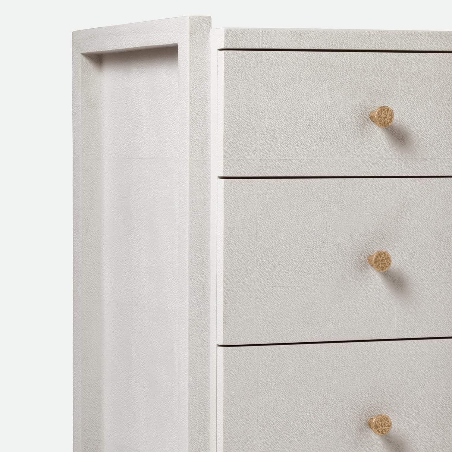 Small, three-drawer Carri Faux Shagreen Dresser in white color.