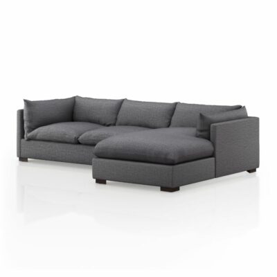 Grey sectional sofa in charcoal upholstery featuring two pieces for a cozy right arm facing arrangement with an espresso finished base Additional
