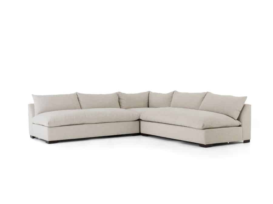 Vice Modern Armless 3 Piece Sectional in High Performance Fabric, featuring Espresso Legs and available in Natural Oatmeal or Charcoal Velvet.