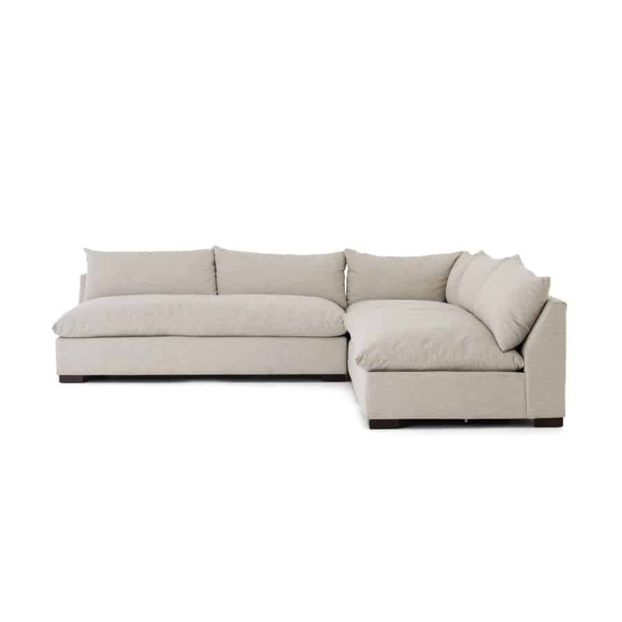 Luxurious sectional sofa in high performance fabric featuring three pieces with modern armless design and espresso legs available in natural oatmeal or
