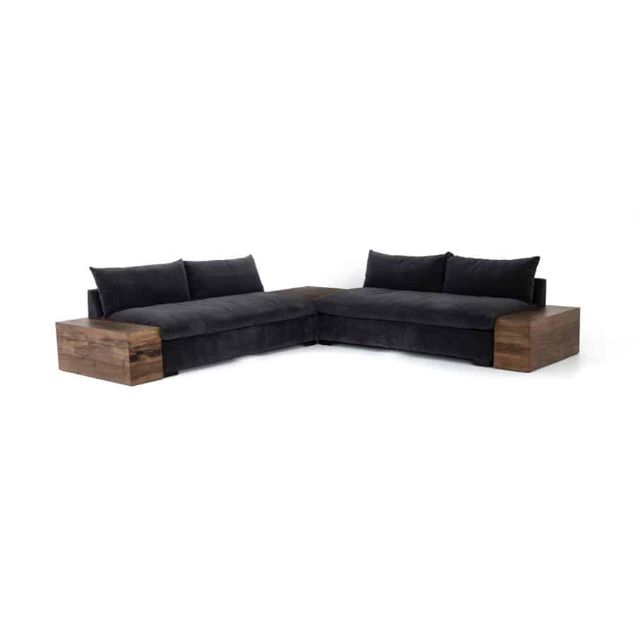 Modern, three-piece sectional sofa with espresso wooden legs. High performance fabric in two available colors: natural oatmeal or charcoal velvet.