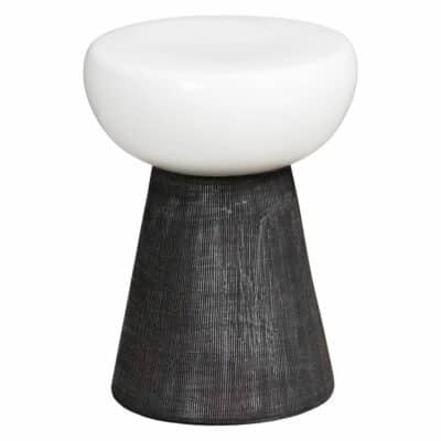 Two Tone Mushroom Stool featuring a glossy white top and a blackwashed ceramic base Each piece is handmade showcasing unique variations in