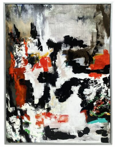 Abstract art piece in black, red, yellow, and white.