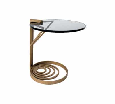 Deco Accent Side Table with gold metal base and round charcoal glass top, showcasing its modern design and elegant simplicity.