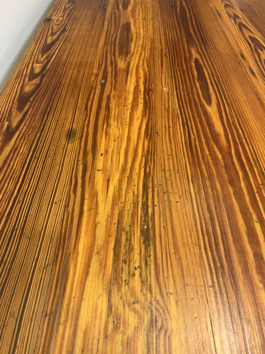 Custom French Farm Style Dining Table, made from reclaimed pondersa pine boards with distressed fruitwood finish, showcasing exquisite grain details.