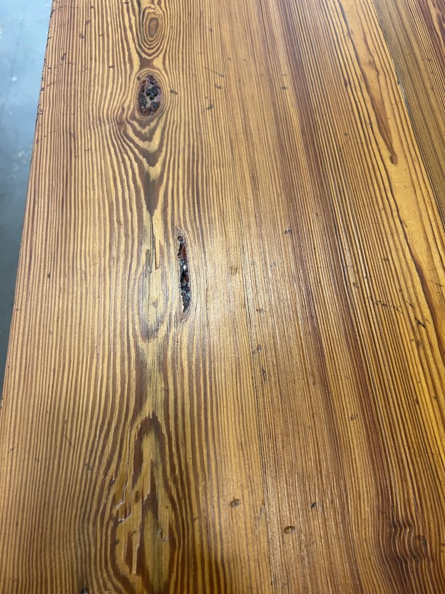 Custom French Farm Style Dining Table in reclaimed pondersa pine, featuring a distressed fruitwood finish and exquisite grain details.