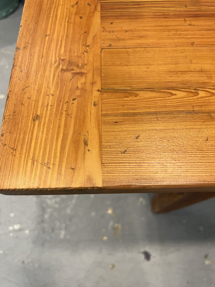 Custom French Farm Style Dining Table with reclaimed pondersa pine boards and distressed fruitwood finish featuring exquisite grain details and custom sizes