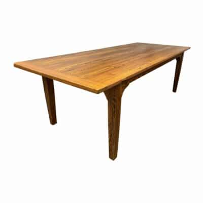 Custom French Farm Style Dining Table, crafted from reclaimed pondersa pine boards, boasting distressed fruitwood finish and exquisite grain details.