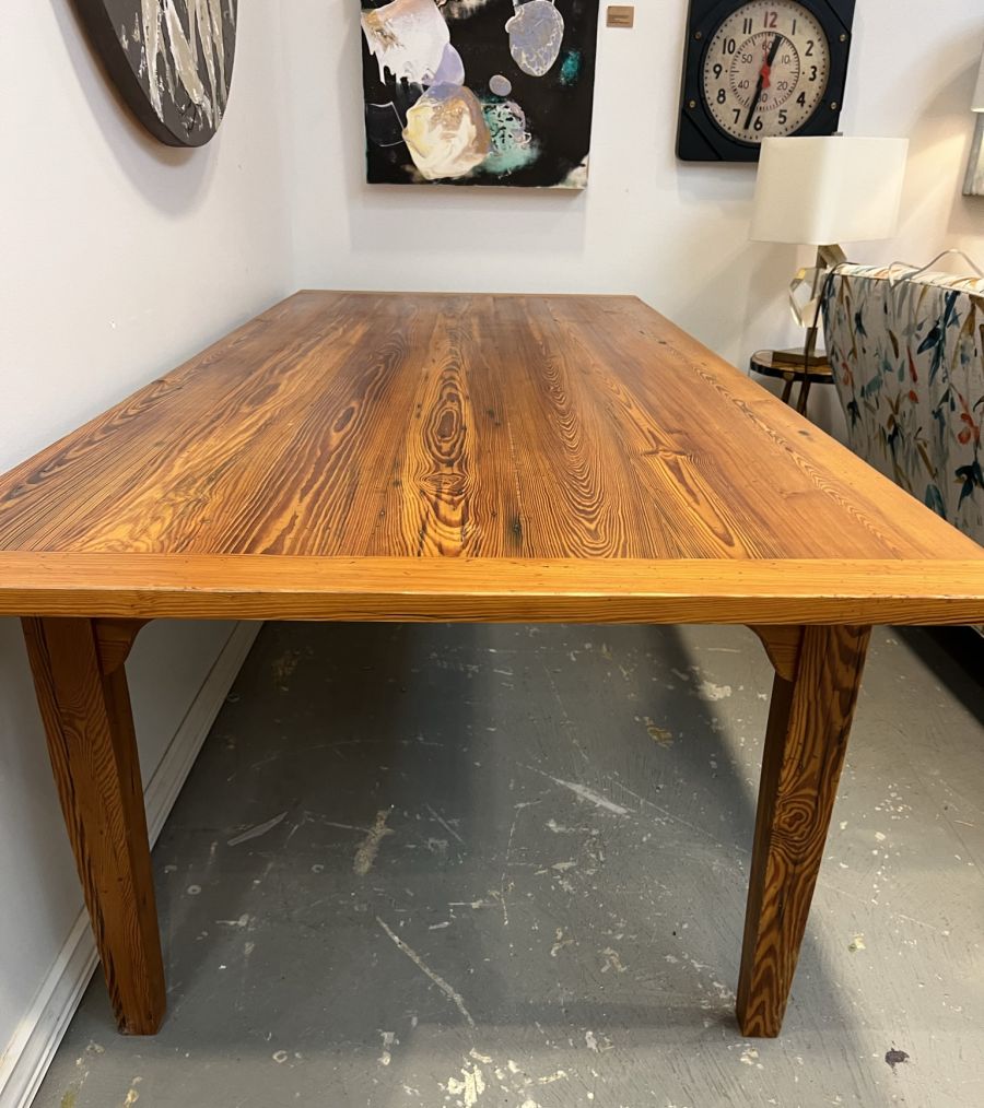 Custom French Farm Style Dining Table, crafted from reclaimed Pondersa pine boards with a distressed fruitwood finish, showcasing exquisite grain details.