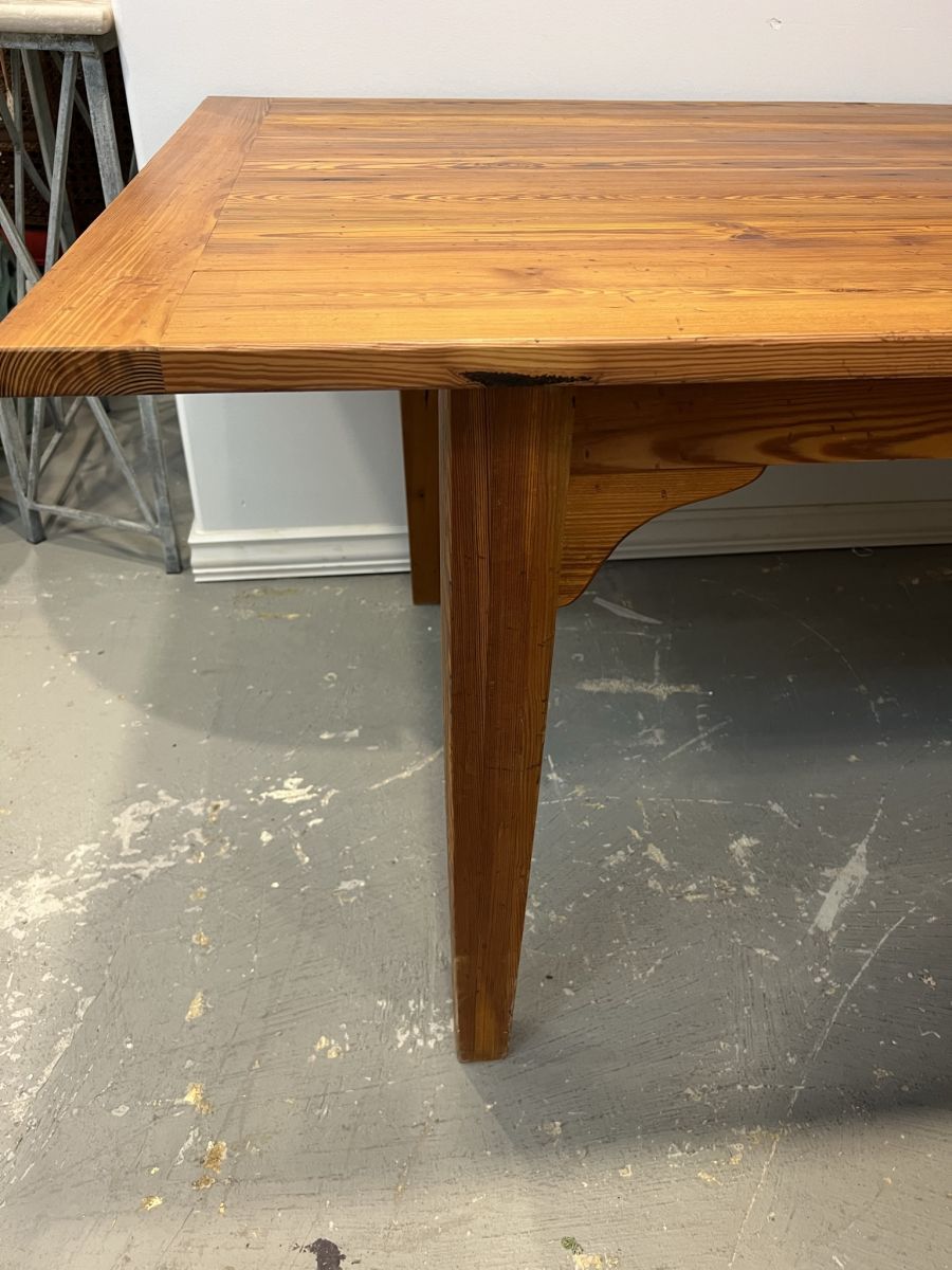Custom French Farm Style Dining Table crafted from reclaimed pondersa pine, showcasing a distressed fruitwood finish and exquisite grain details.