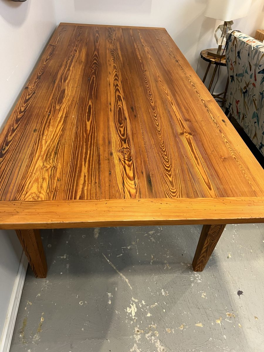 Custom French Farm Style Dining Table with distressed fruitwood finish, showcasing exquisite grain details.