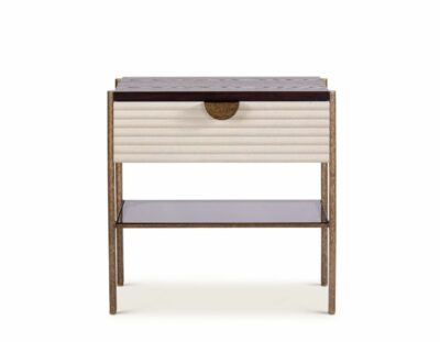 Elegant Hartley Bedside Table with bottom glass shelf, available in London Gray Fog or Warm Dark Oak.