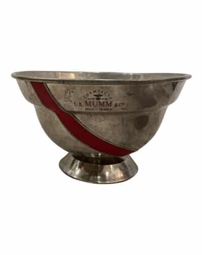 Vintage French Red Banner Champagne Bucket silver metal bucket with red banner Champagne G H Mumms embossed on side circa 1960s showcasing