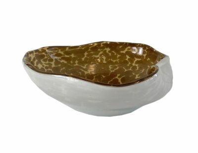 Vintage Murano bowl, circa 1960s, showcasing intricate gold inclusions, set against a stark white background.