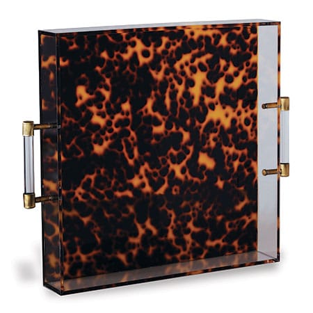 Stylish acrylic tray with tortoiseshell pattern and brass accents, presented in an open position.