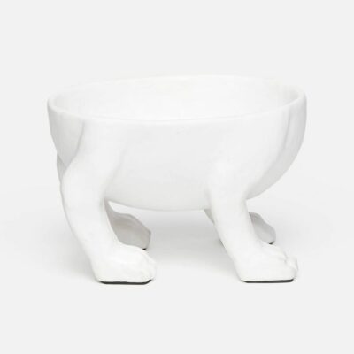A small, white resin bowl with a paw foot design, available in bronze and larger sizes, also available in Houston.