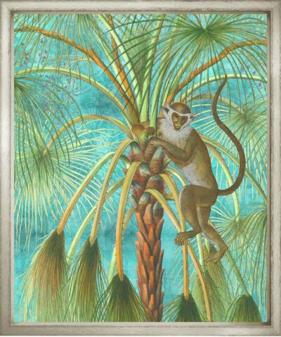 Vivid colorful print featuring a patas monkey perched on a palm tree, set against a backdrop of tropical foliage.