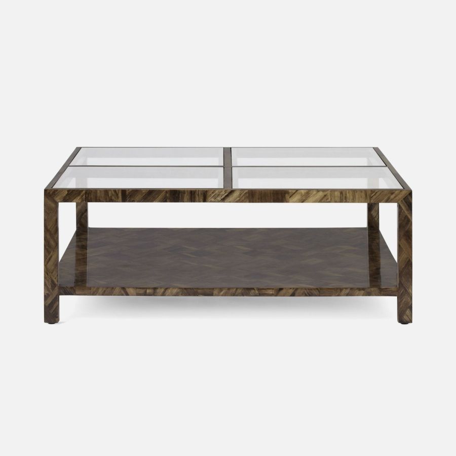 Square glass top coffee table with dark brown wooden frame and two shelves in between, set against a white background.