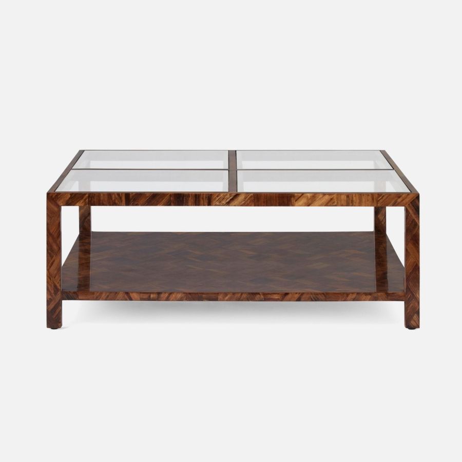 Rectangular glass top table with wooden frame, showcasing two shelves and a clean, modern design.