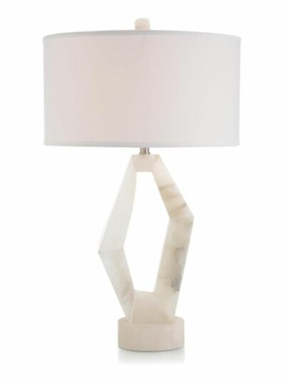 Abstract lamp with linen shade and wooden base.