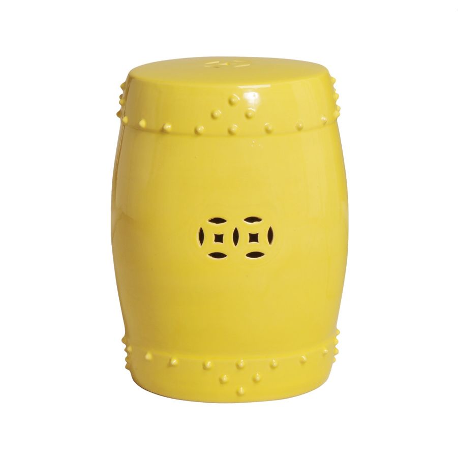 A vibrant yellow drum garden stool, showcasing its unique design and color in this image.