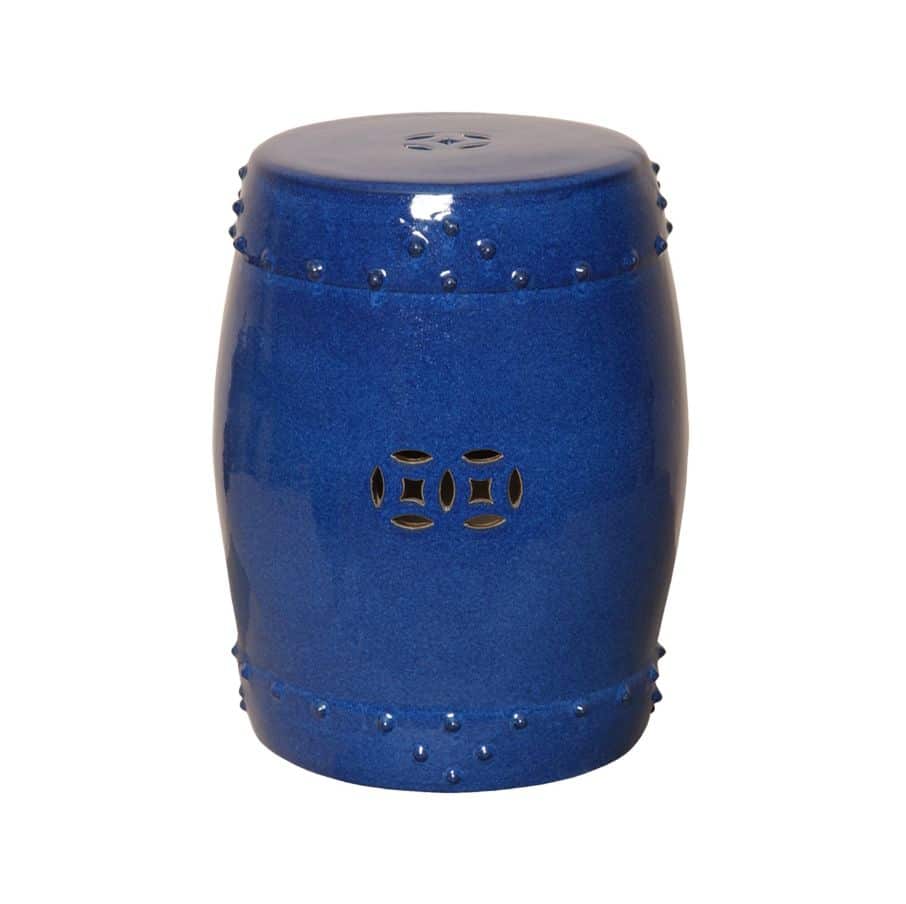 Blue ceramic drum garden stool, handcrafted with intricate details.