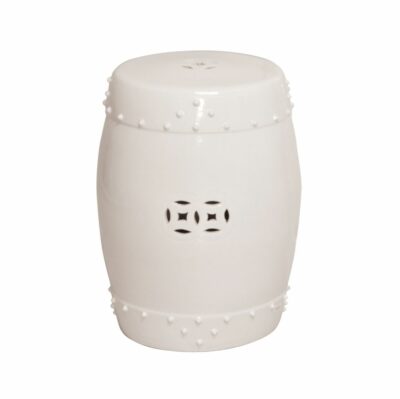White ceramic drum garden stool with decorative studs on top, showcasing its circular pattern design, set against a white background.