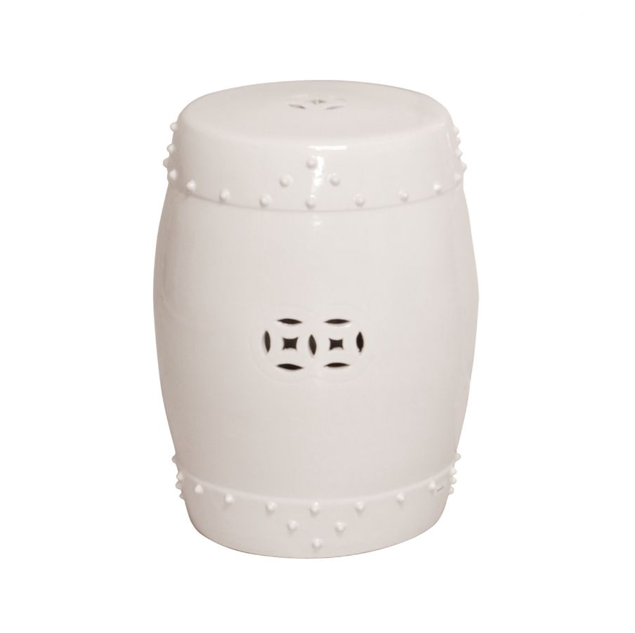White ceramic drum garden stool with decorative studs on top, showcasing its circular pattern design, set against a white background.