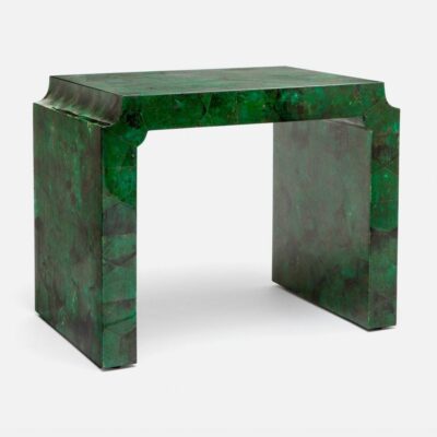 Green marble stool with unique cut corners, exuding elegance and luxury.