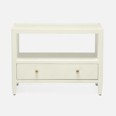 Elegant white side table with bottom drawer, showcasing a clean design and two drawers with gold handles.