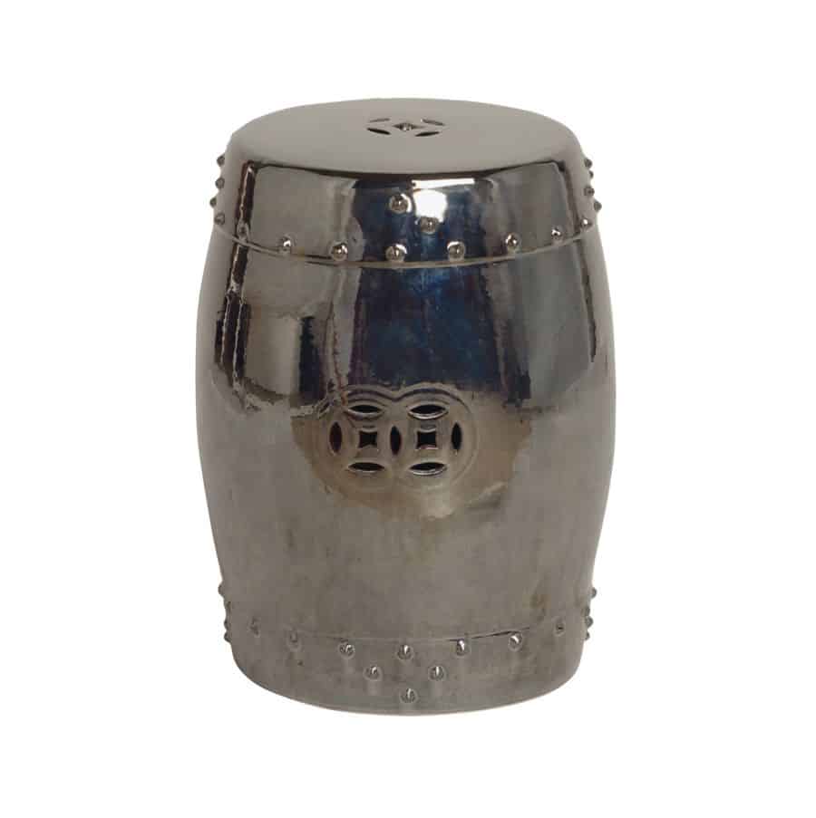 A metal barrel-shaped garden stool, available in white, blue, yellow or metallic finish, showcasing its intricate design details.
