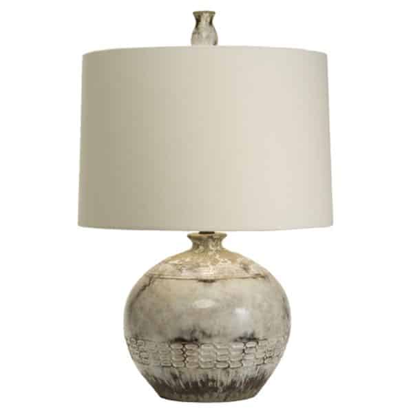 Small ceramic lamp with antiqued glaze and white drum shade