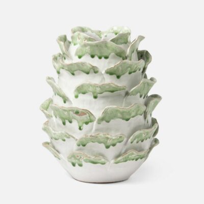 Hand-painted cabbage rose vases in green and white, available in large, medium, and small sizes.
