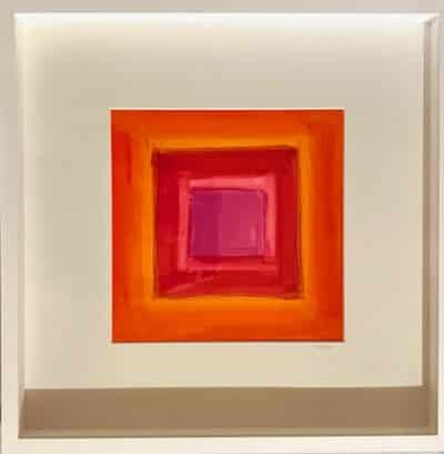 Close-up of Colorblock Flame Rouge Magenta V Original Art in white frame.