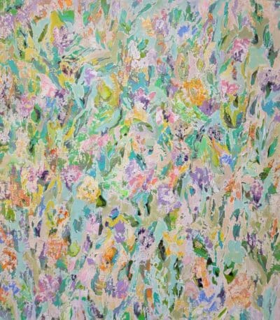 Colorful abstract art with vibrant flowers in acrylic on canvas, showcasing a close-up view of its intricate details.