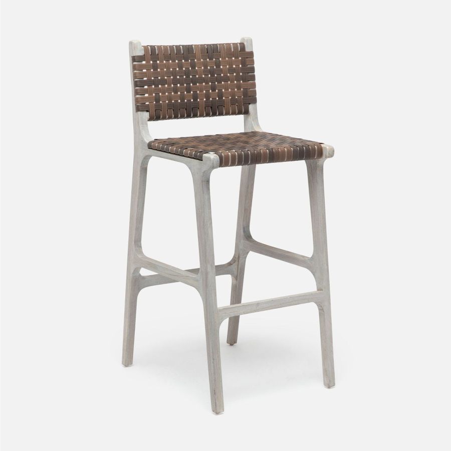 Close-up of Hammond Faux Rattan Bar Stool in Walnut, featuring flat surface and metal frame.