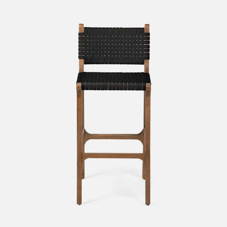 Close-up of Hammond Faux Rattan Bar Stool in Walnut finish.
