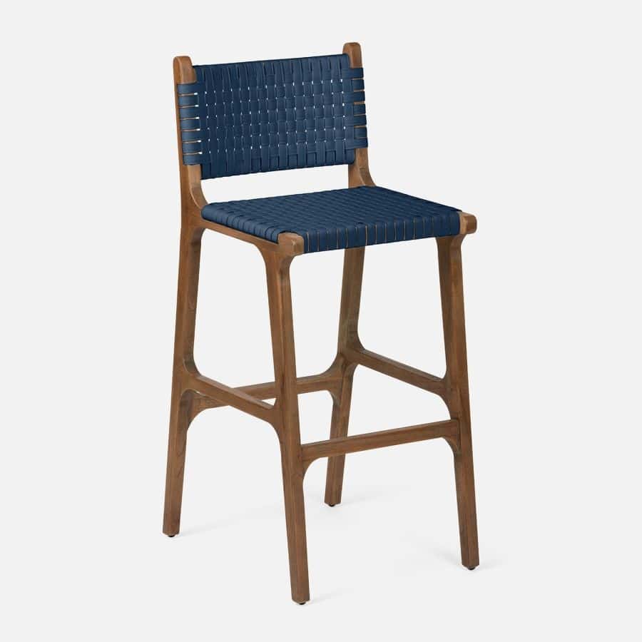 Front view of Hammond Faux Rattan Bar Stool in blue with wooden frame.