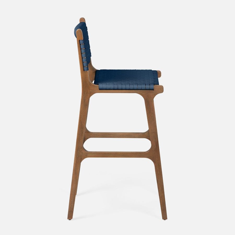 Navy faux rattan bar stool with flat seat and back support, ideal for outdoor use.