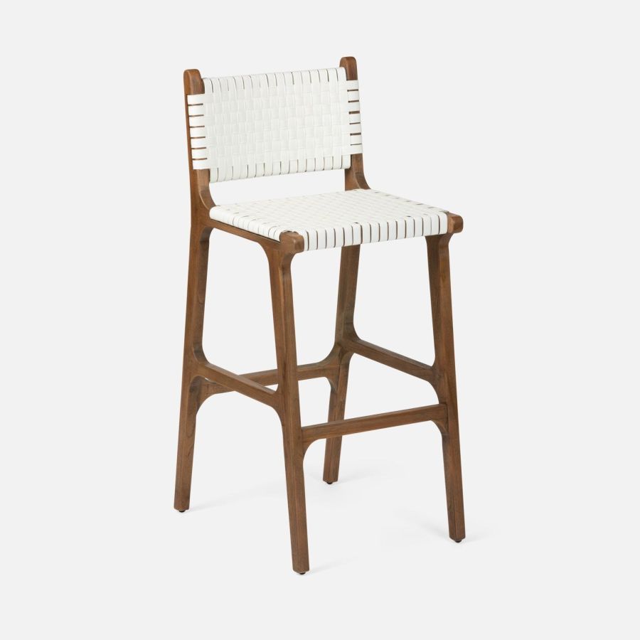 Stylish faux rattan bar stool in a light gray finish, perfect for outdoor use.