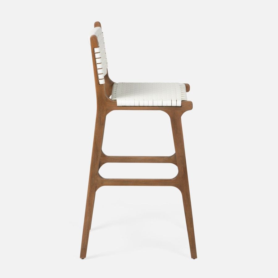 Close-up side profile of Hammond Faux Rattan Bar Stool in Walnut finish, suitable for outdoor use.