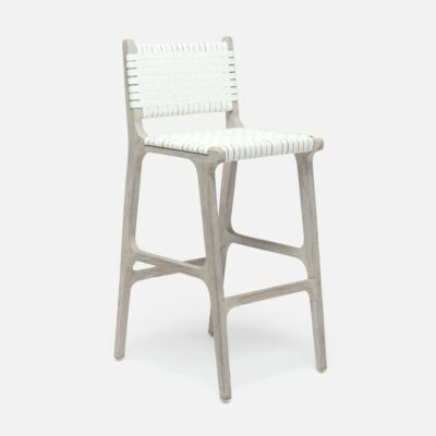 Close-up of a Hammond Faux Rattan Bar Stool in Flat White/Gray Teak, showcasing its durability for outdoor use.