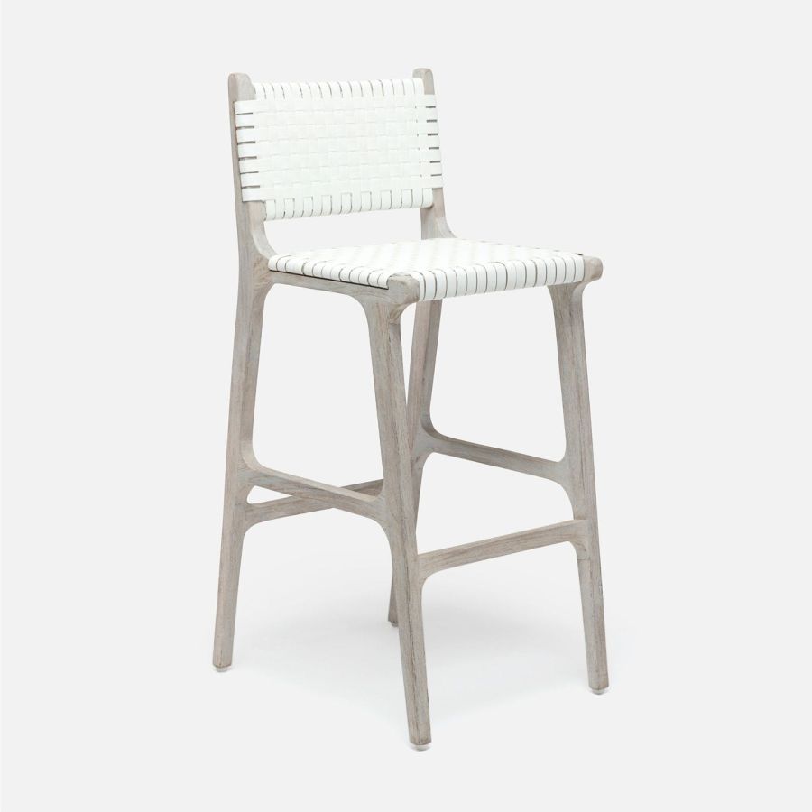 Close-up of a Hammond Faux Rattan Bar Stool in Flat White/Gray Teak, showcasing its durability for outdoor use.