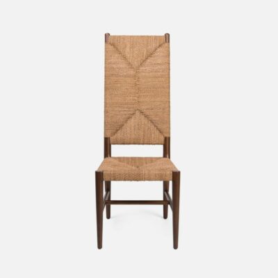 Wicker high back side chair, showcasing its natural texture and design, available in armchair and shorter side chair options.