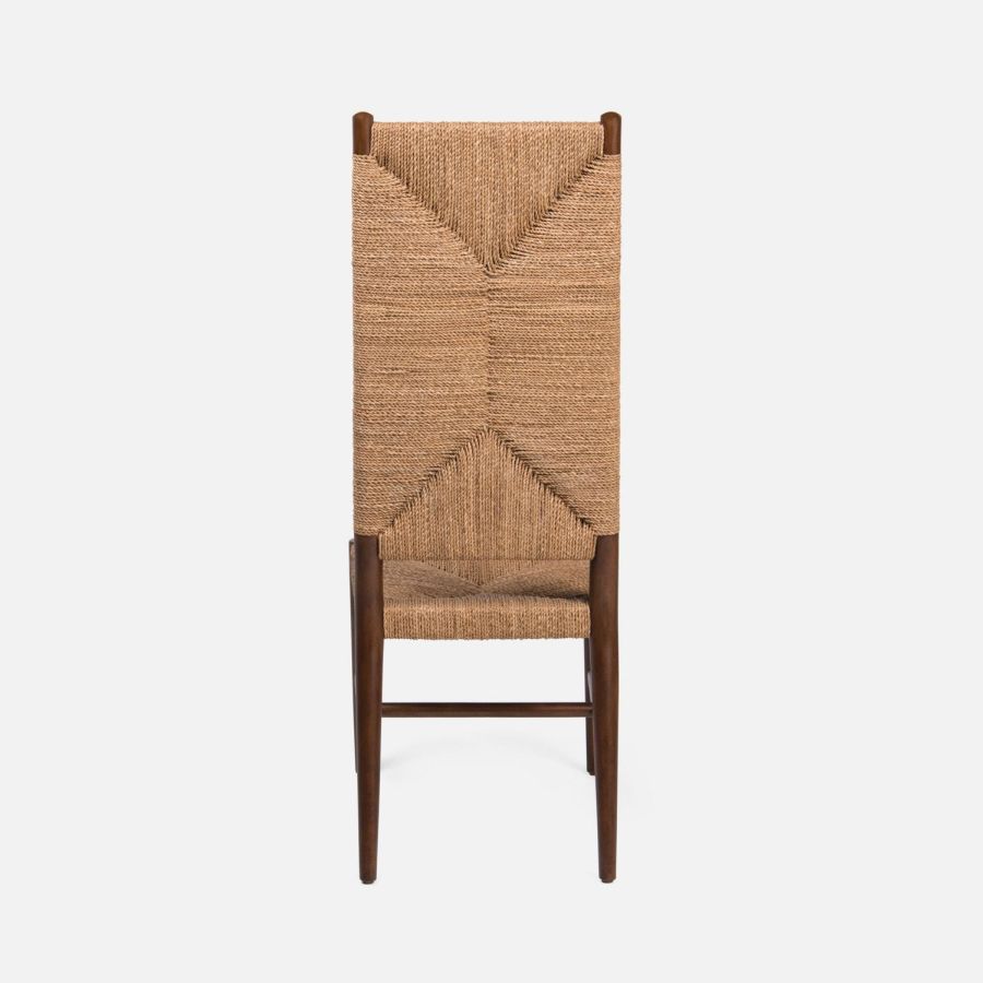 A woven high back side chair exhibiting a natural light brown color from its material is displayed against a white background This